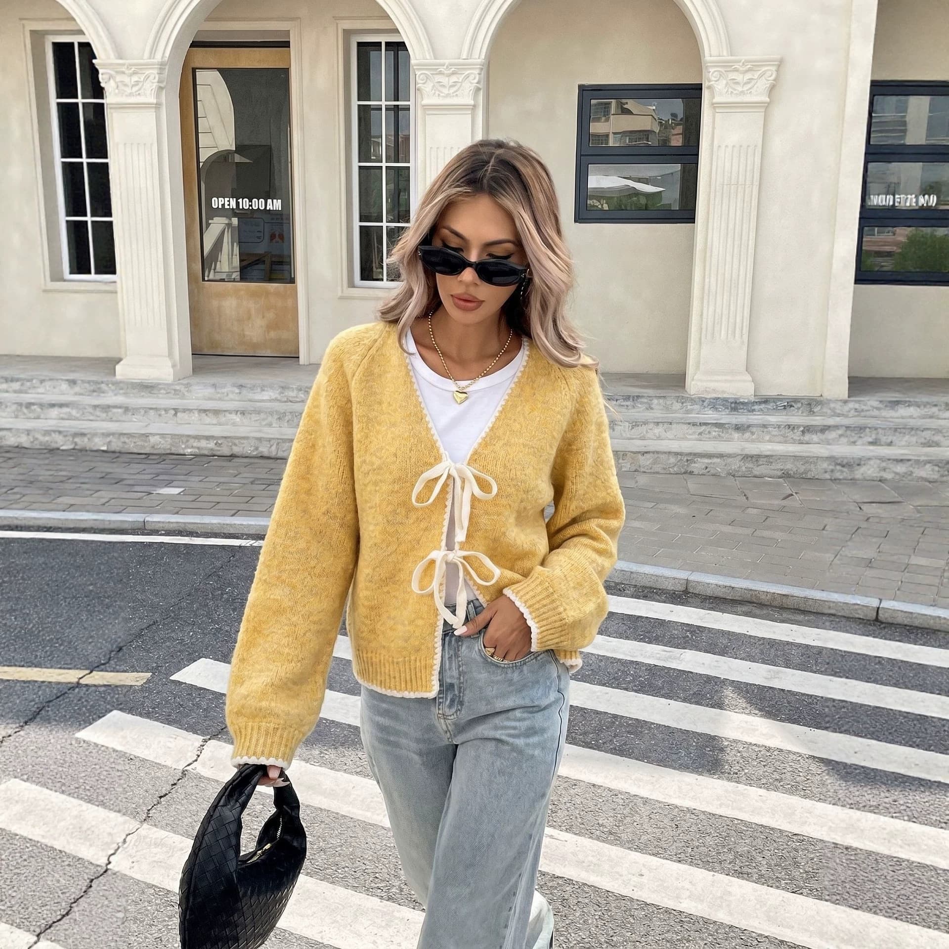 Cross-Border European and American Style New Autumn Winter Bow Tie Knit Cardigan Women Loose Versatile Contrast Color Sweater Coat