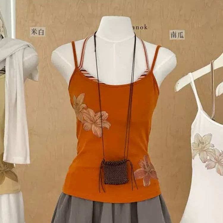 Faux Two-Piece Floral Print Halter Top Summer New Outdoor Tie-Front Slim Fit Sleeveless Vest Vacation Style Blouse