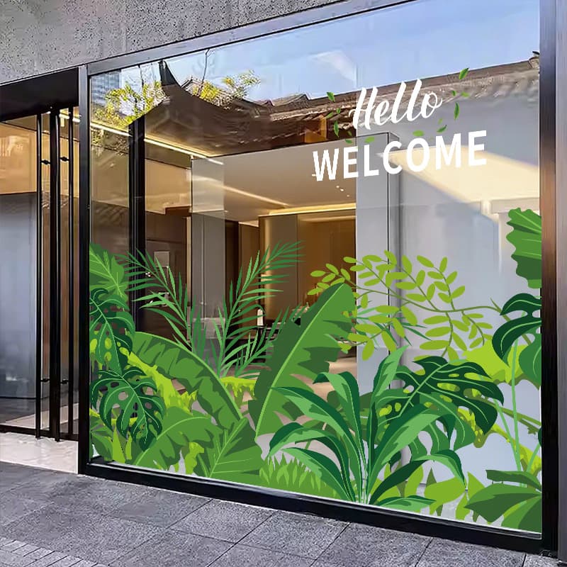 Spring Green Plant Floral Window Sticker Decoration for Clothing Store Women's Jewelry Shop UV Glass Static Cling Door Decal