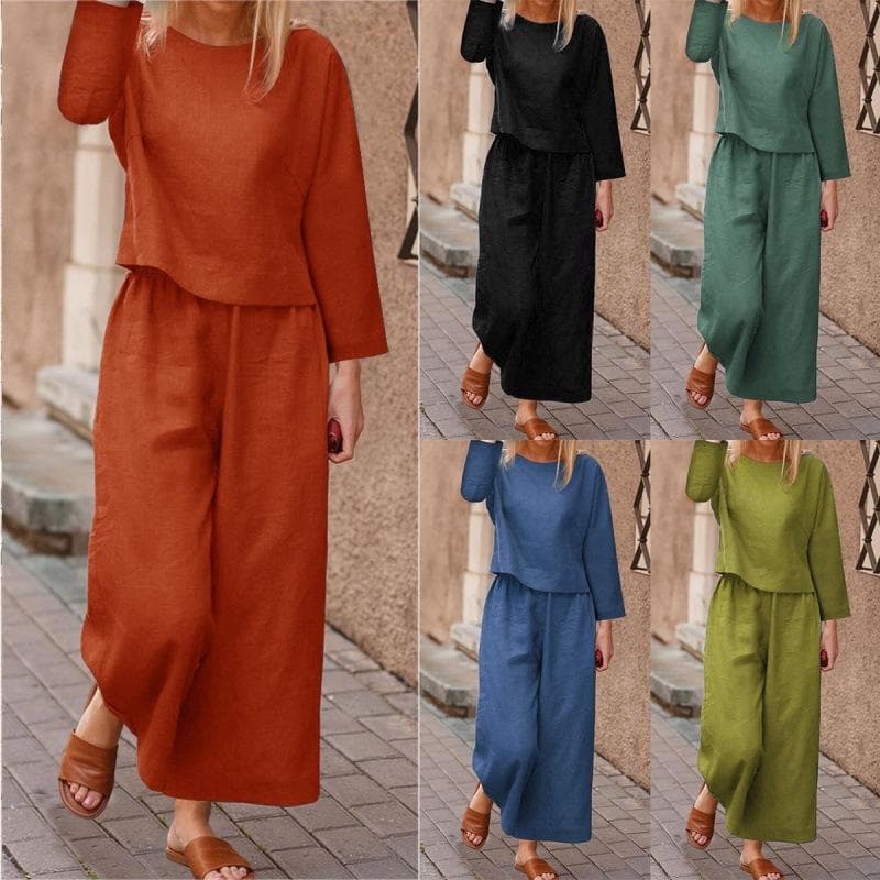 2024 Autumn/Winter New Women's Wide-Leg Long Pants Set, Cross-Border Export Solid Casual Elegant Two-Piece Set for Women