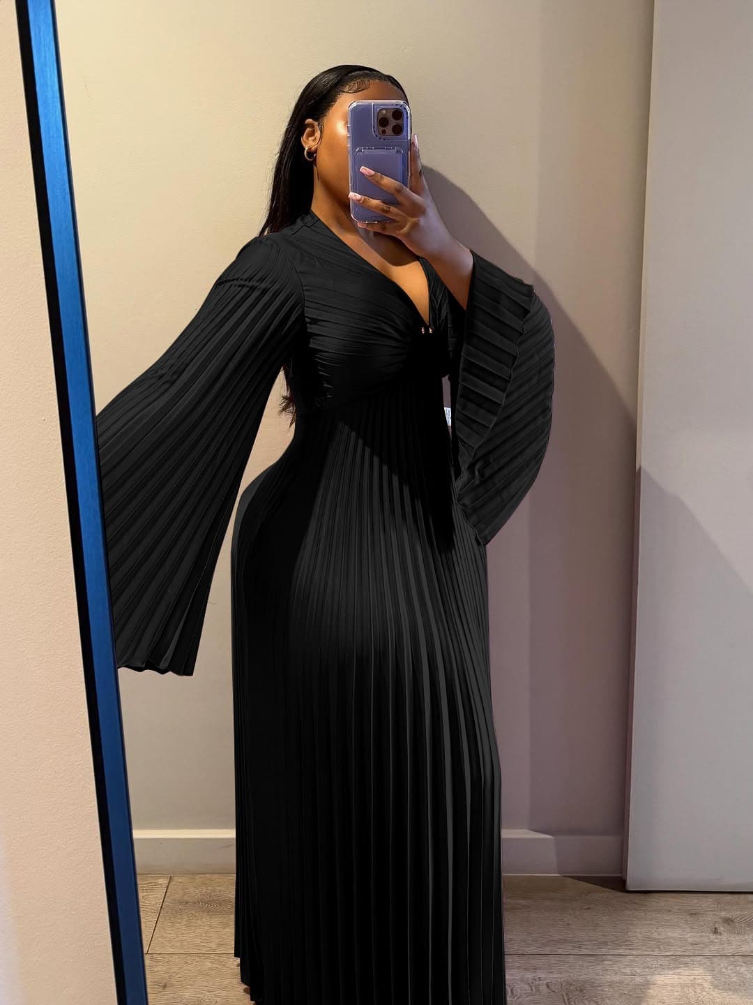 N8154 New Solid Color V-Neck European and American Pleated Long Sleeve Amazon Elegant Slim Fit Women's Graceful Dress