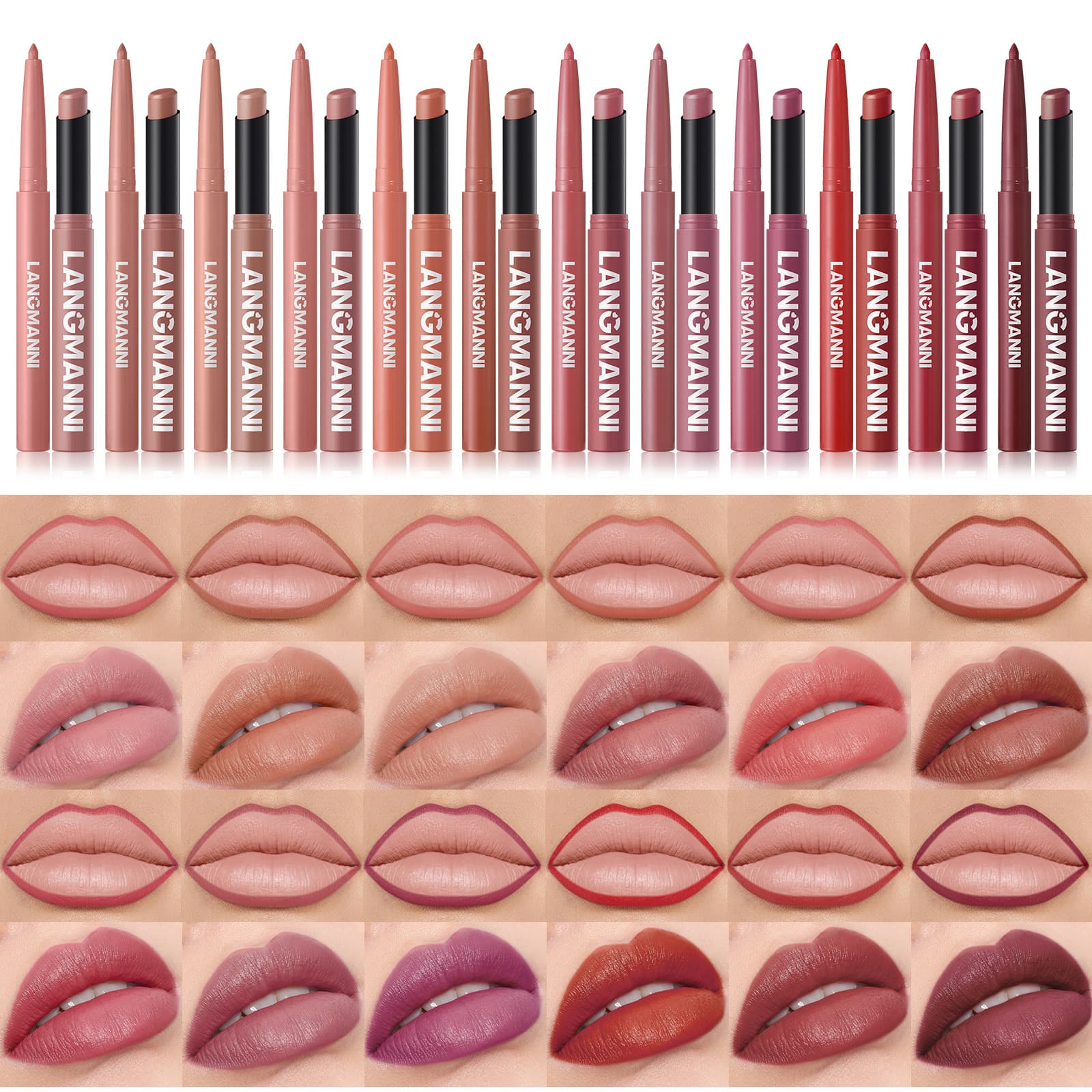 LANGMANNI 12-Color Slanted Lipstick + Lip Liner Pen Set Combo Matte Lip Kit