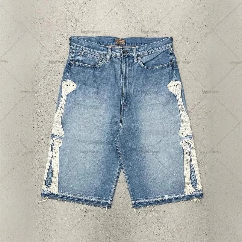 Cross-border European and American trendy brand embroidered five-point denim shorts men's high street retro bone embroidery loose casual mid-length shorts