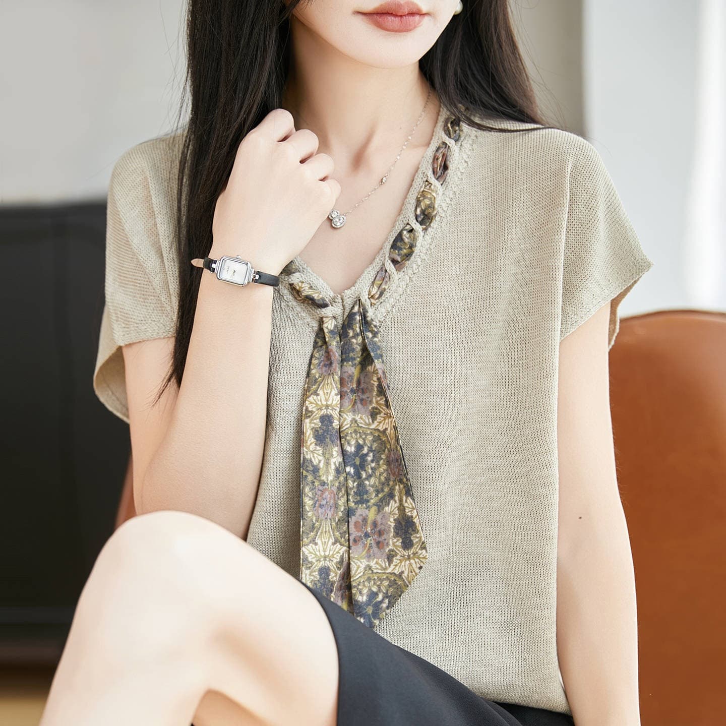 Summer Design Gentle Style Ribbon V-Neck Ice Silk Knit Top for Women, Elegant Loose Lightweight Small Flutter Sleeve T-Shirt Blouse