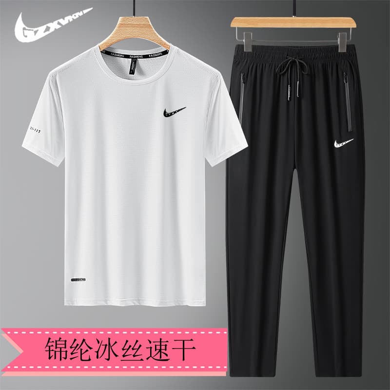 Summer Ice Silk Short Sleeve T-Shirt Two-Piece Set Men's Summer Elastic Quick-Dry Casual Suit Men's Running Sports Wear