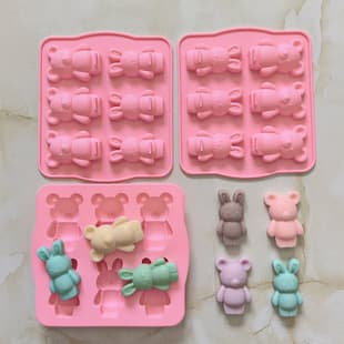 6-Connected Bear and Rabbit Chocolate Silicone Mold, DIY Baking Cookie Candy Pudding Ice Cube Tray 369