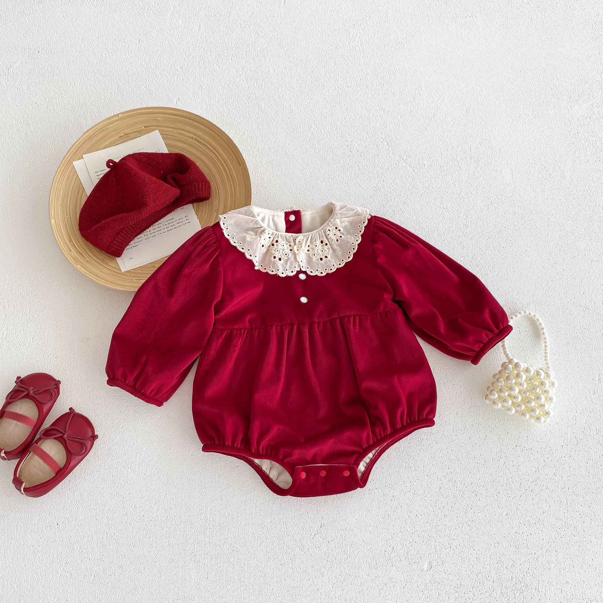 Red Fleece-Lined Baby Clothes Winter Outfit Warm Birthday Suit Crawling Suit Bottom Covering Clothes for 1 Year Old Baby Girl