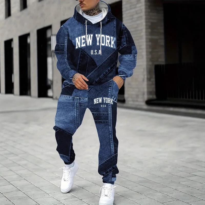 Men's Autumn Letter Denim Effect Hooded Sweatshirt Fashionable 3D Printing Imitation Denim Appearance Factory Direct Sales