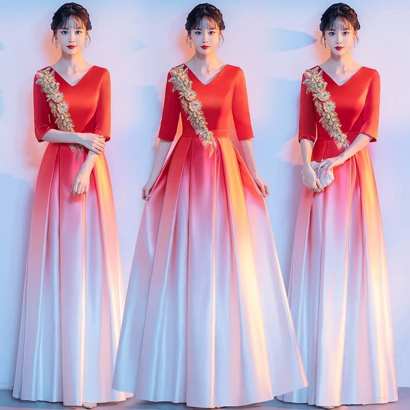 Choir Performance Dress Red Gradient New V-Neck Long Gown Adult Solo Gown Women High-End Poetry Recitation