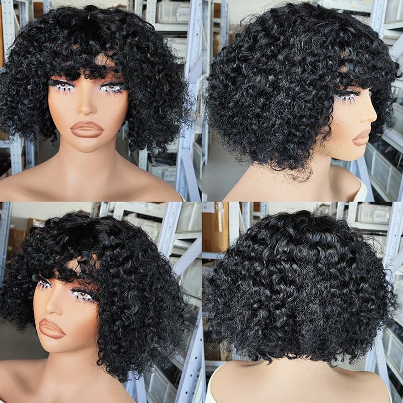 Curly Bangs Wig Human Hair 2x1 Lace Bob Wig for Black Women