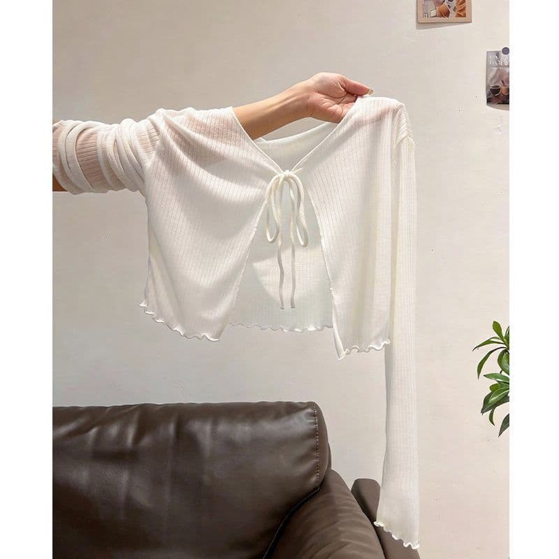 French-style White Sheer Long-Sleeve Ruffle Cardigan for Women, Summer Layering Top with Camisole