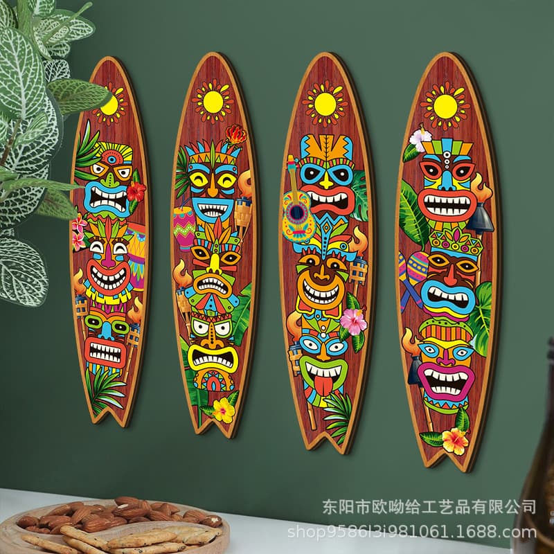 Ohyo Hawaii Wooden Surfboard Hawaiian Totem Decoration Beach Sign Wall Hanging Home Totem Plaque
