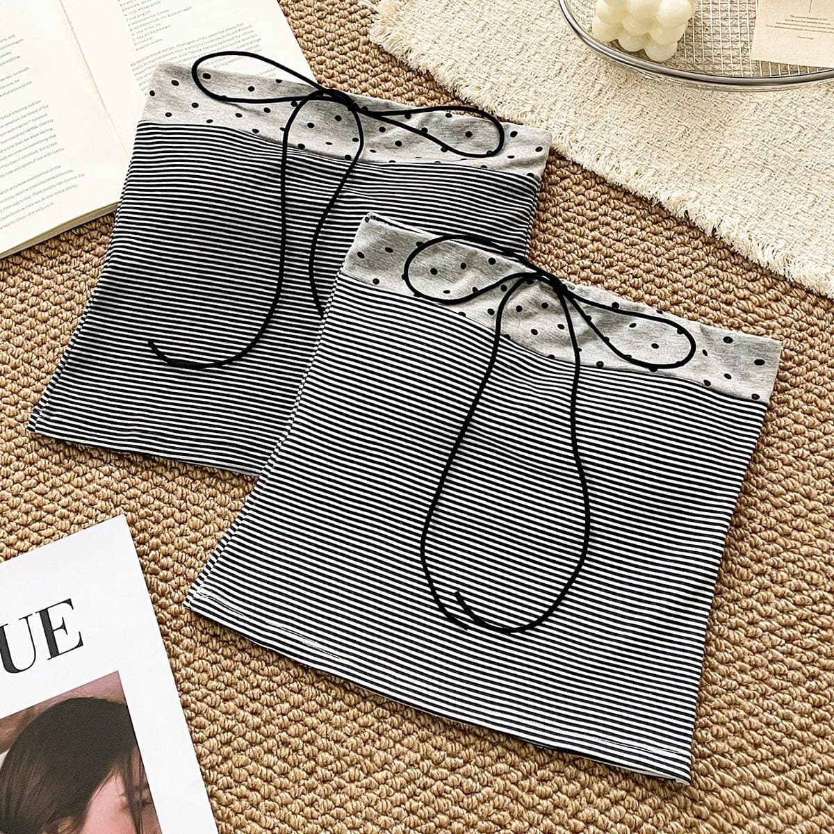 Sexy Striped Bandage Tube Top with Built-in Pads, Fixed Cups, Women's Inner Wear or Outerwear, Crop Top, One Size, Cotton