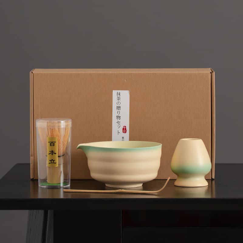 Matcha Bowl Four-Piece Set, Song Dynasty Hundred-Tip Tea Whisking Set, Gradient Coarse Pottery with Spout, Amazon Cross-Border