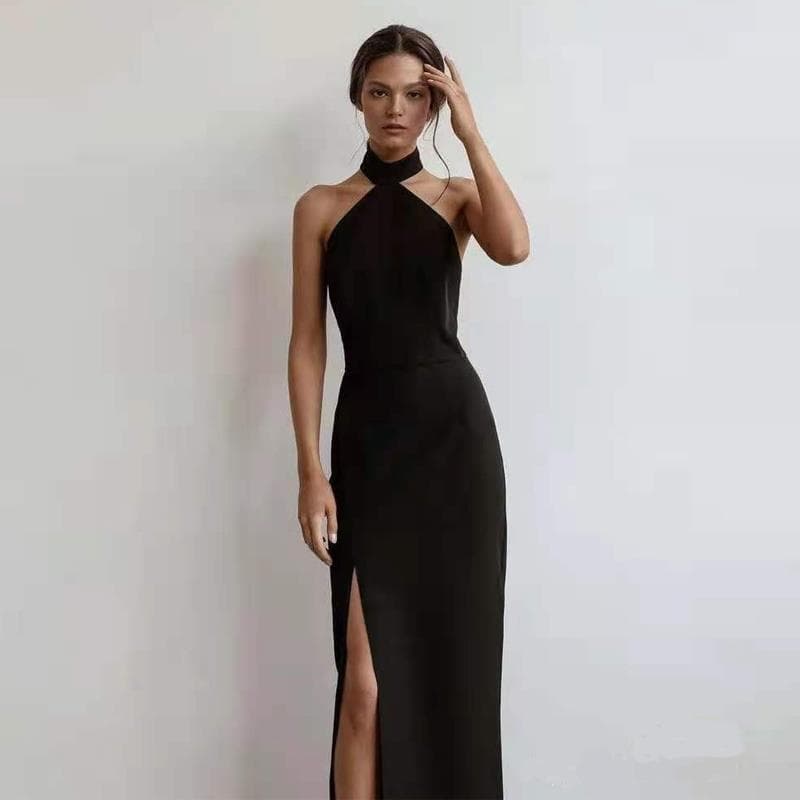 Black French dress Hepburn temperament halter neck evening dress long banquet niche dignified art exam annual meeting host