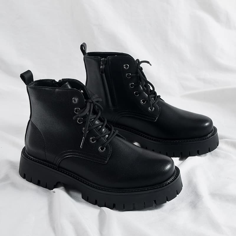 Side Zipper Martin Boots Men's High-Top British Style Genuine Leather Black Work Motorcycle Boots Autumn Height-Increasing Mid-Cut Short Boots