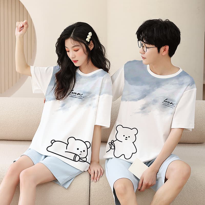 Factory Direct Couple Pajamas Summer Cotton Short Sleeve Short Set Cute Cartoon Pure Cotton Casual Homewear Summer