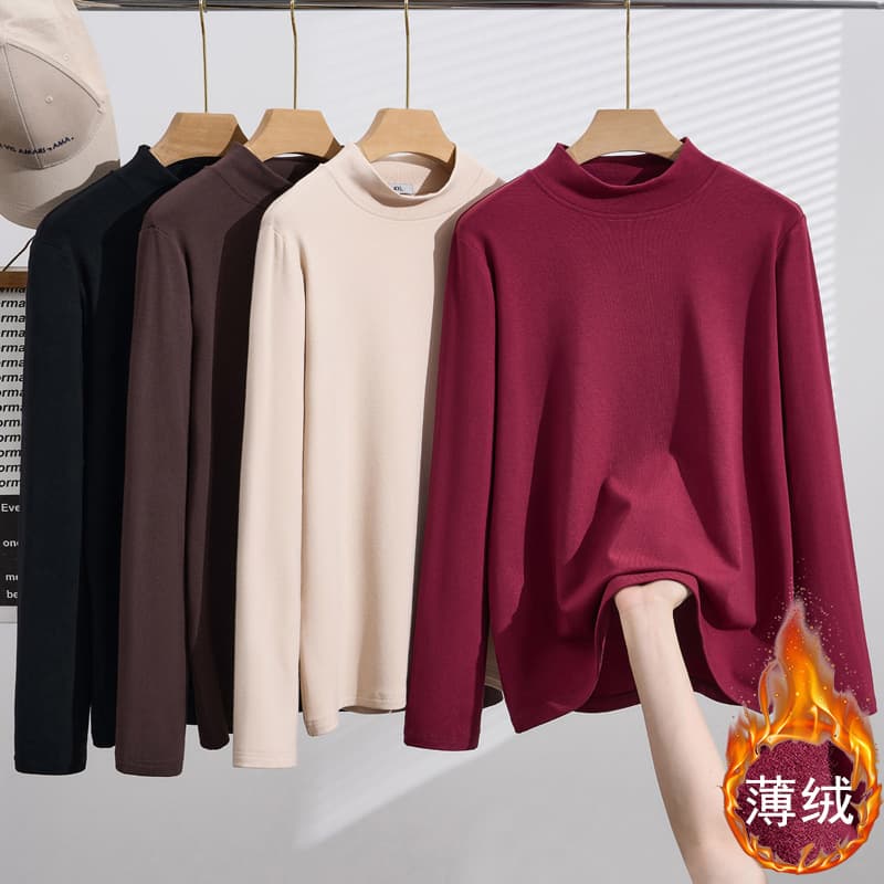 Autumn/Winter New Plus Size Fleece-lined Korean Style Semi-high Neck Slimming Casual Long Sleeve Base Layer Top S5697