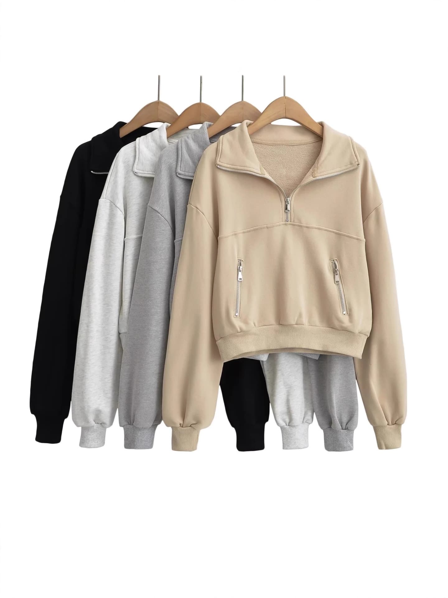 American retro half-zip stand-up collar spliced long-sleeved sweatshirt for women autumn chic casual solid color pullover top