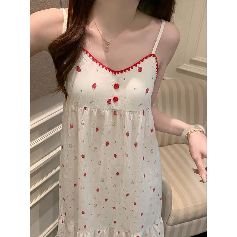 Pajamas with Built-in Pads Camisole Nightgown for Women, Summer New Cloud Cotton Princess Style Japanese Sweet Strawberry Dress
