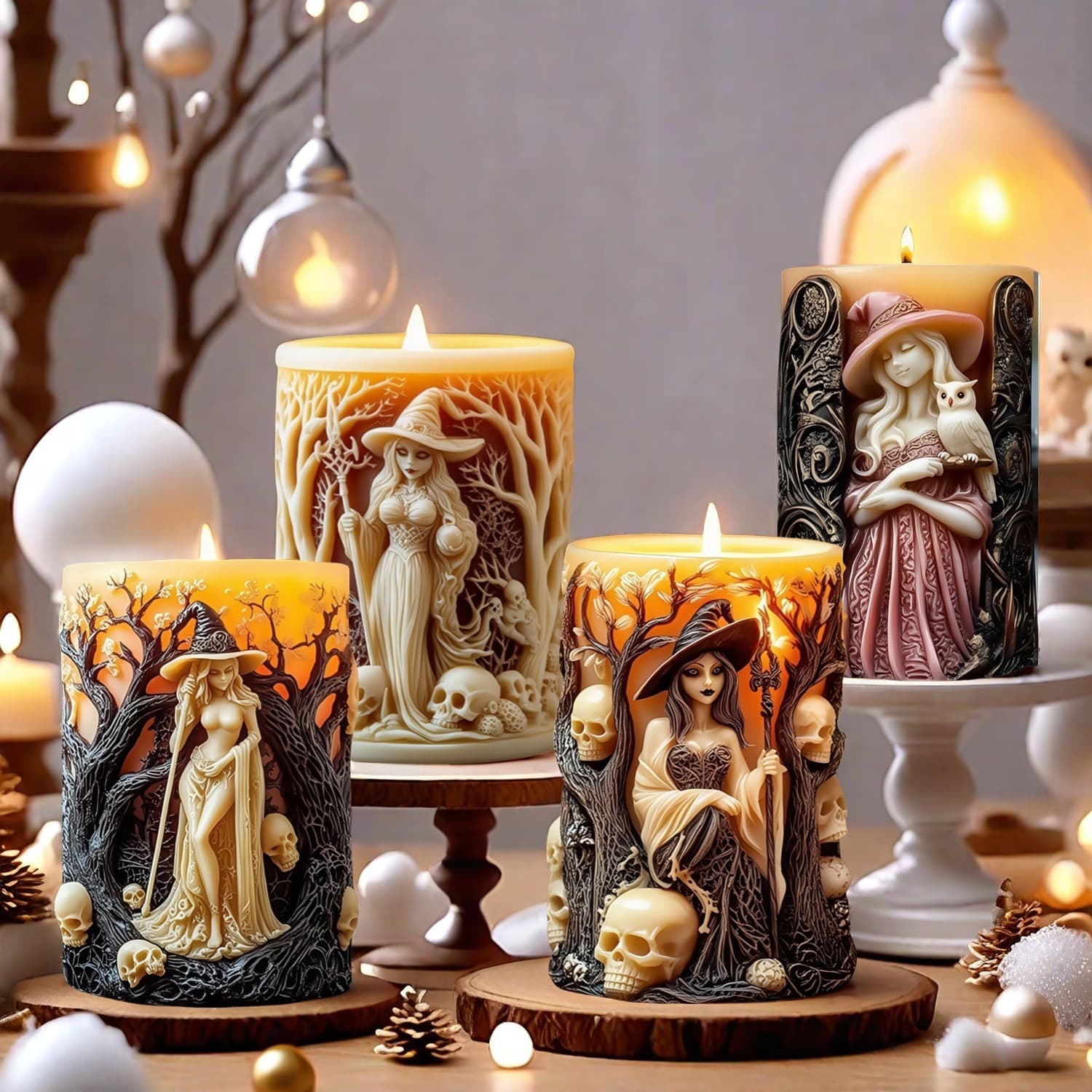 New Halloween Witch Relief Cylinder Aromatherapy Candle Mold DIY Horror Creative Candle Silicone Mold