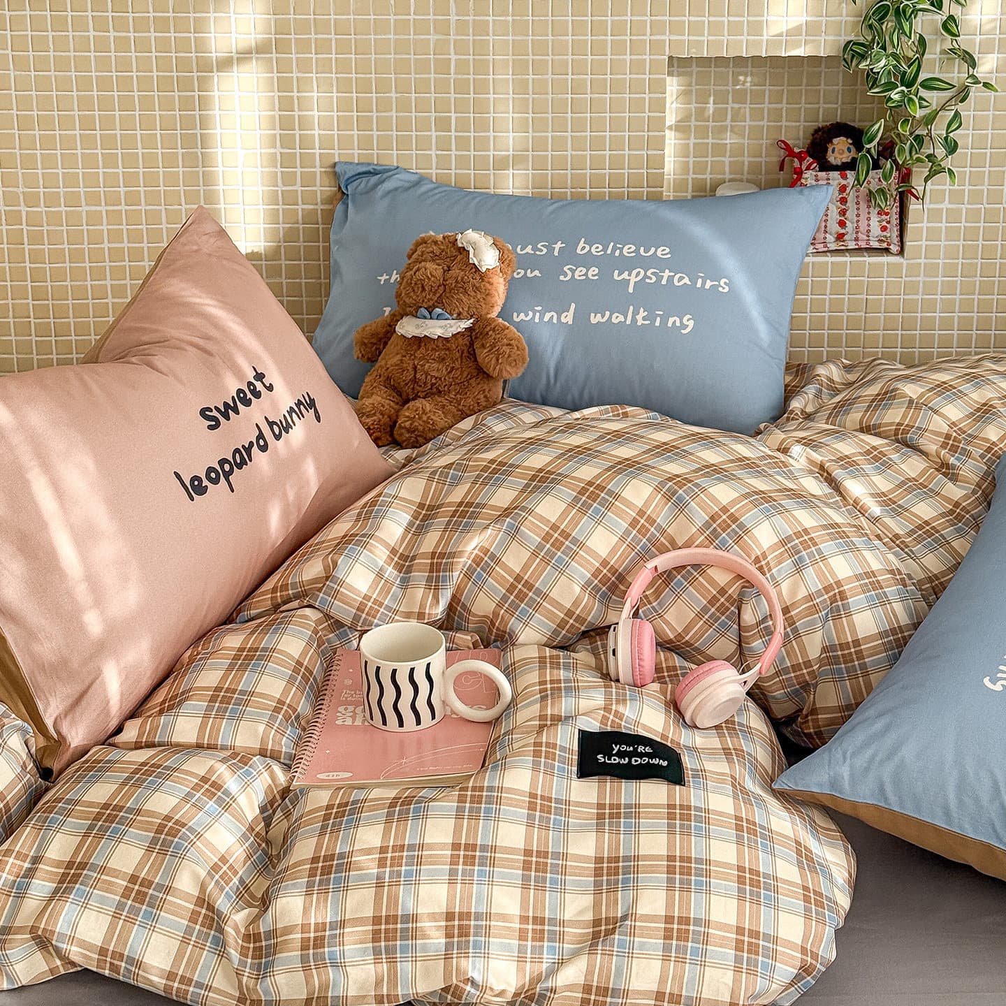Simple Nordic Style 100% Cotton Bedding Set 4-Piece, Pure Cotton Duvet Cover Sheet Set for Single Bed Dormitory 3-Piece Men's Bedding 4