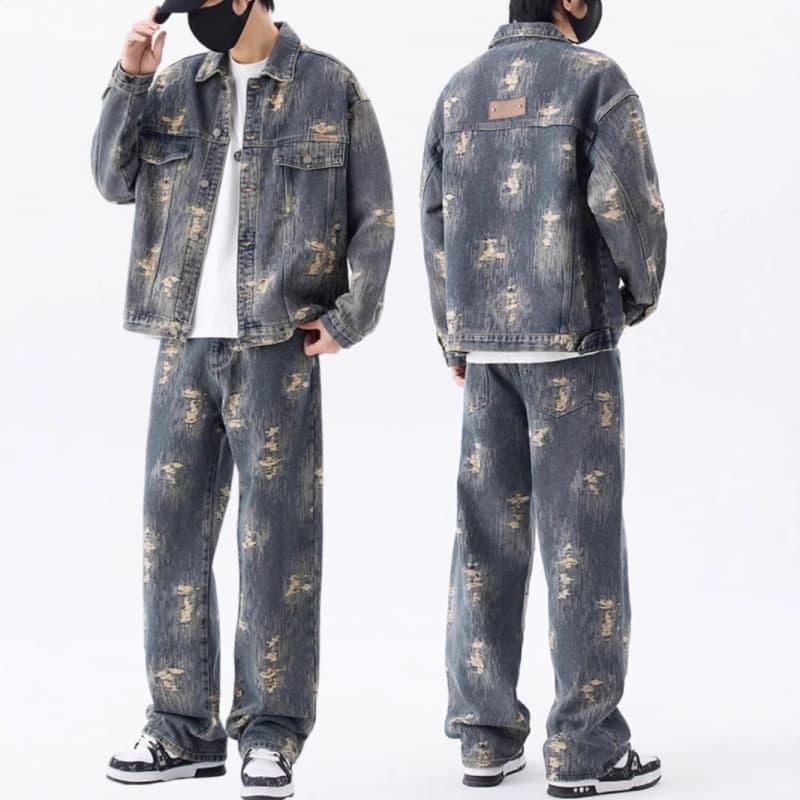 American Street Style Jacquard Denim Jacket Men's Spring/Autumn New High Street Retro Cool Loose Straight Jeans Set