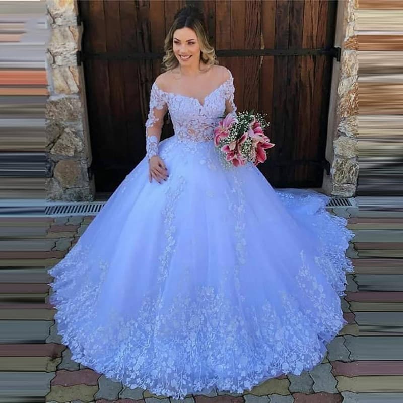 2026 New Cross-Border European and American Women's Evening Dress Long Sleeve Solid Color Sheer Lace Wedding Gown