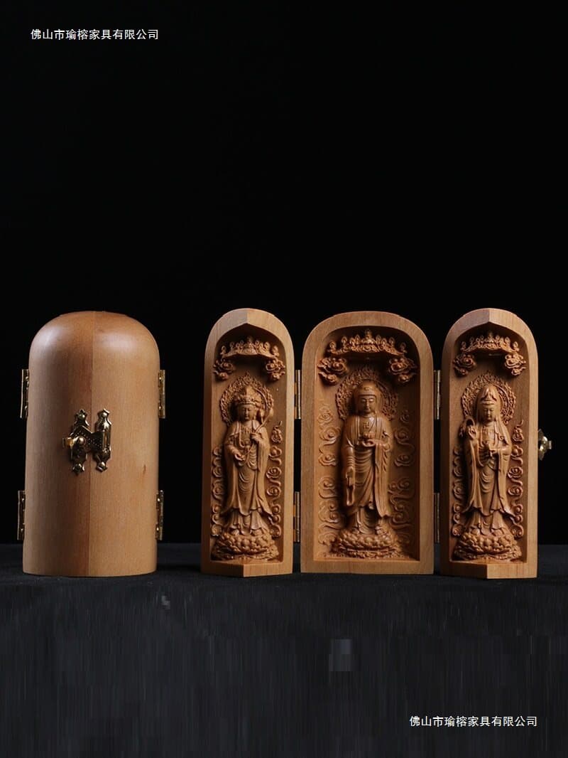 Teak Sandalwood Home Chinese Wood Carving Ornament Portable Buddha Shrine Buddha Statue Bodhisattva Western Three Saints Guanyin Three-Compartment Box