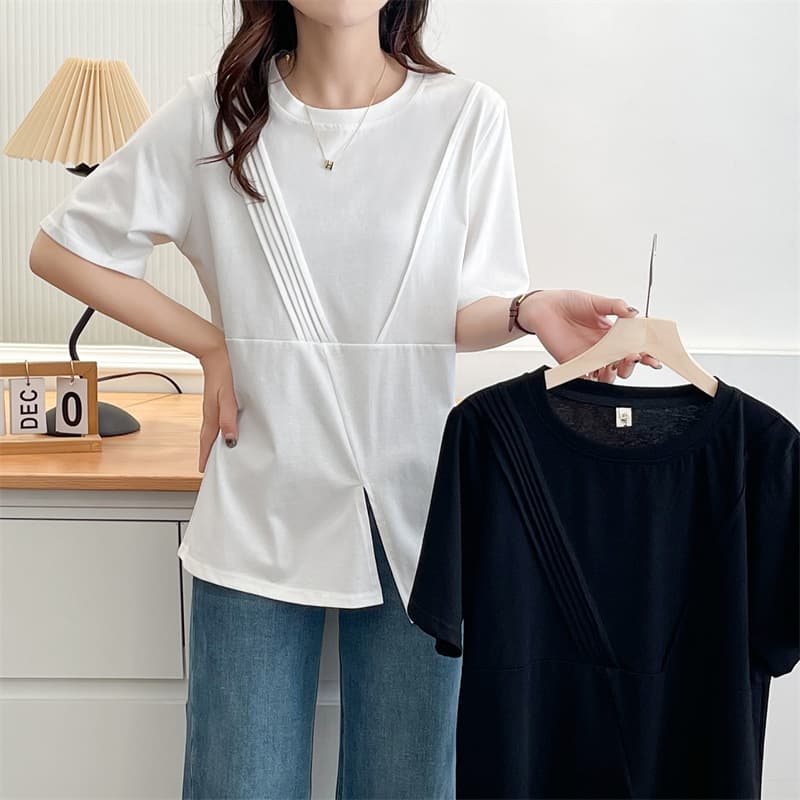Plus Size Short Sleeve T-Shirt with Pleated Patchwork Women's 2025 Summer Niche Cardigan T-Shirt Fashionable Plus Size Top Slimming 902