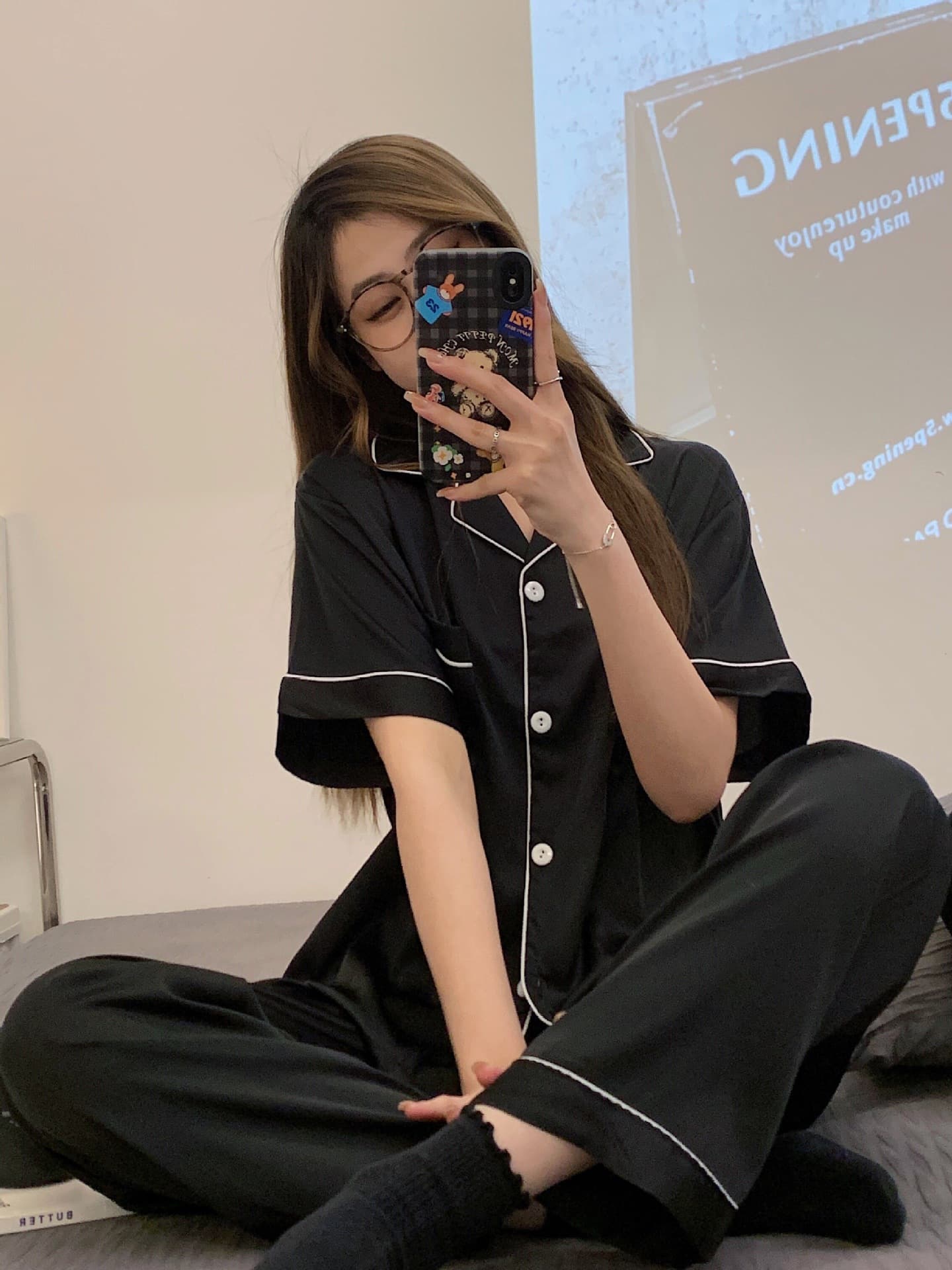 Women's Summer Ice Silk Thin Short-Sleeve Long Pants Sweet Silk Loungewear Set