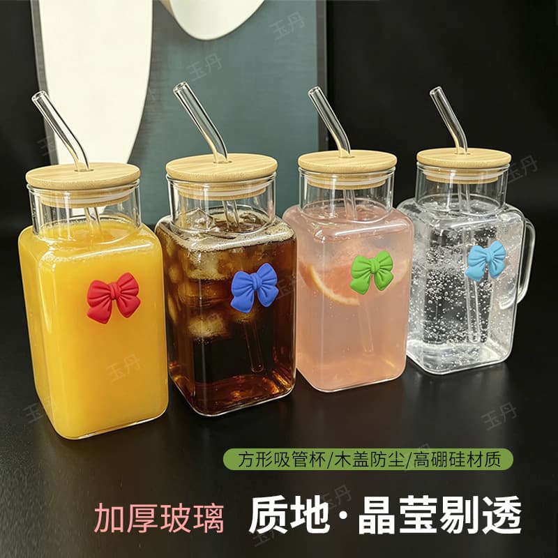 Thickened Square High Borosilicate Glass Cup with Bamboo Wood Lid, Straw, Handle, High Temperature Resistant, Bow Decoration, Women's Cup