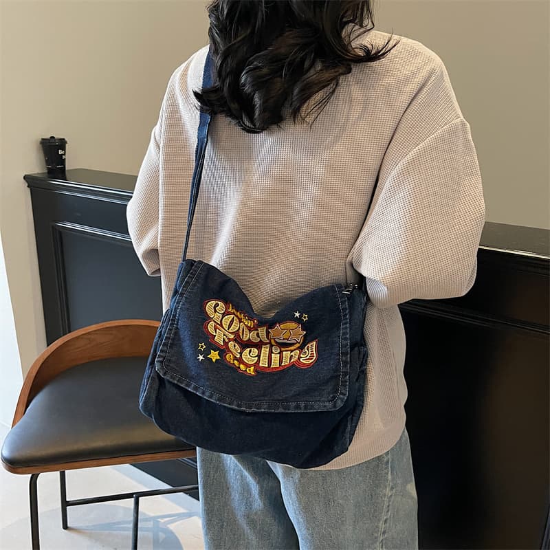 New Cross-Border Foreign Trade Women's Bag Embroidered Denim Large Capacity Shoulder Handbag Tote Bag Student Class Bag