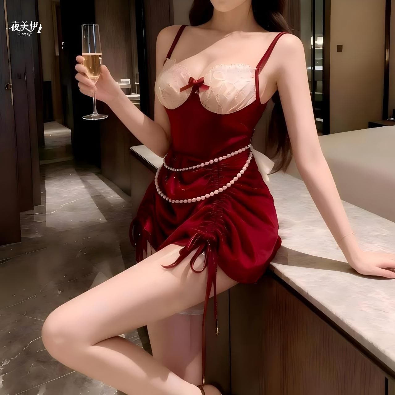 Plus Size Sexy French Home Sleep Dress New Year Vintage Lingerie Set Pearl Lace Trimmed Spaghetti Strap Pure Desire Pajamas