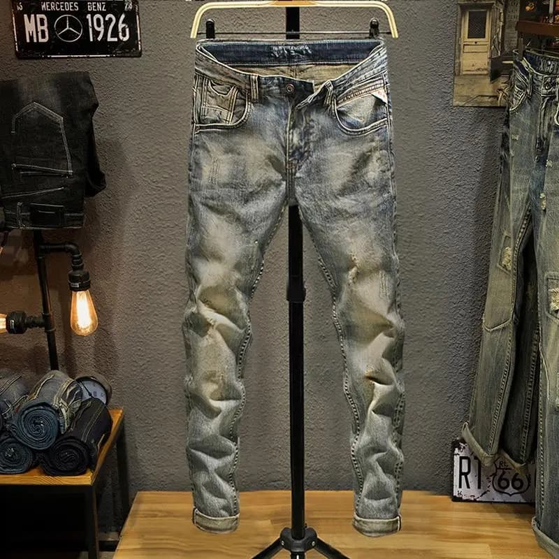 Ripped patch jeans for men, spring and autumn, Korean version, trendy straight slim fit, retro, versatile, trendy brand, small-footed pants, beggars