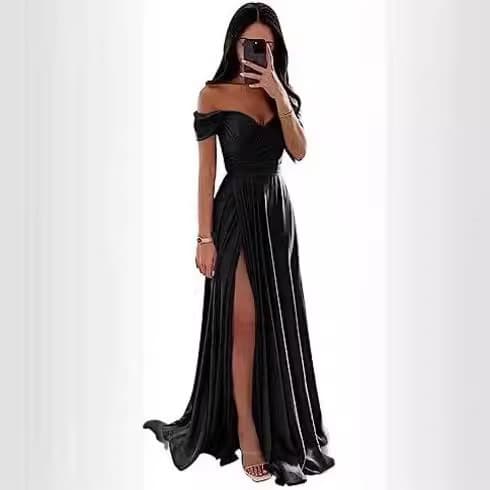 Amazon US and EU Bridesmaid Dress Long Maxi Dress Slimming Off-Shoulder Formal Gown Simple Sexy Slit for Party