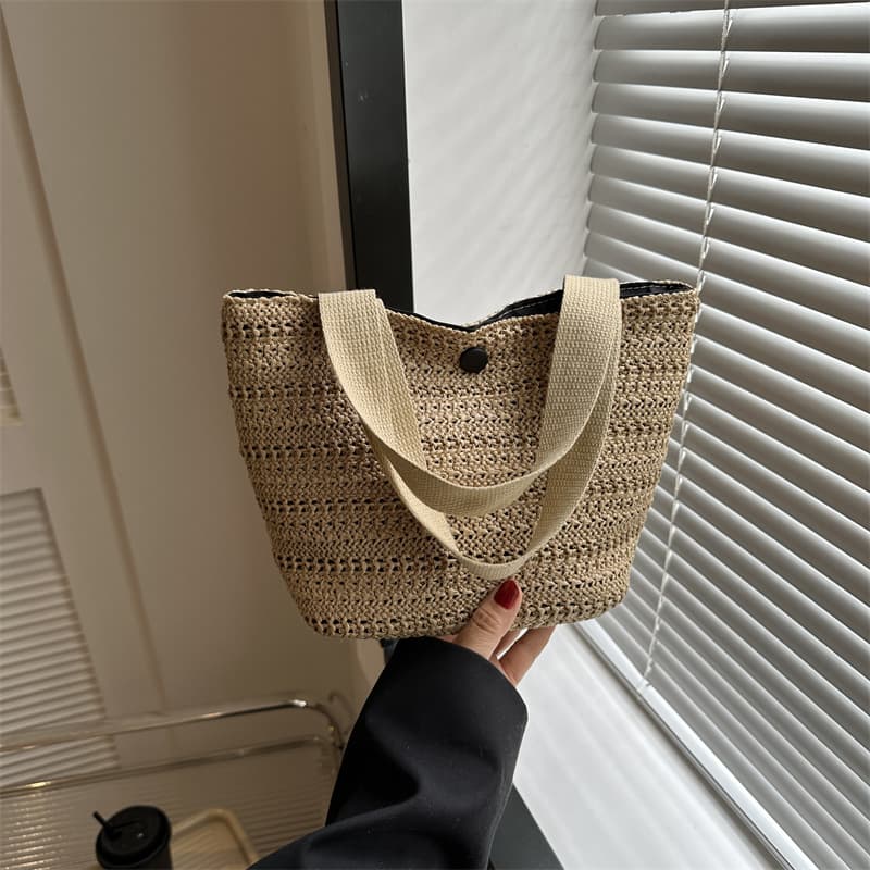 Straw Woven Bucket Handbag Lunch Box Tote Bag Women's Work School Vacation Portable Meal Basket Handheld Basket Bag