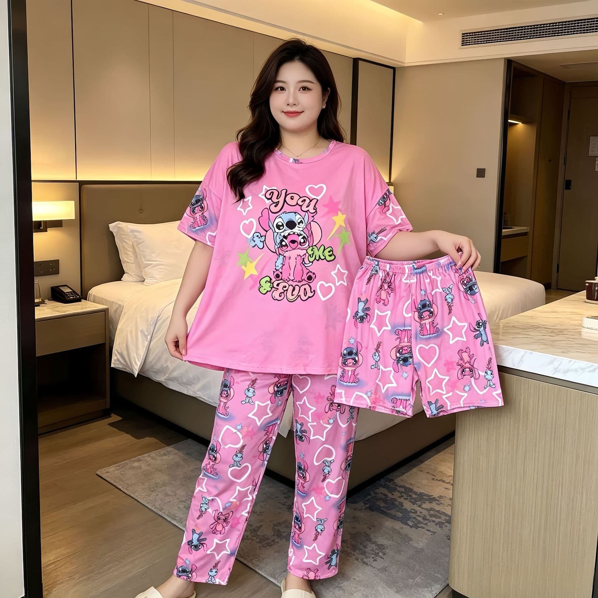 Hot Sale Thailand Pajamas Women Summer Short Sleeve Shorts Long Pants 3-Piece Cartoon Homewear Pajamas