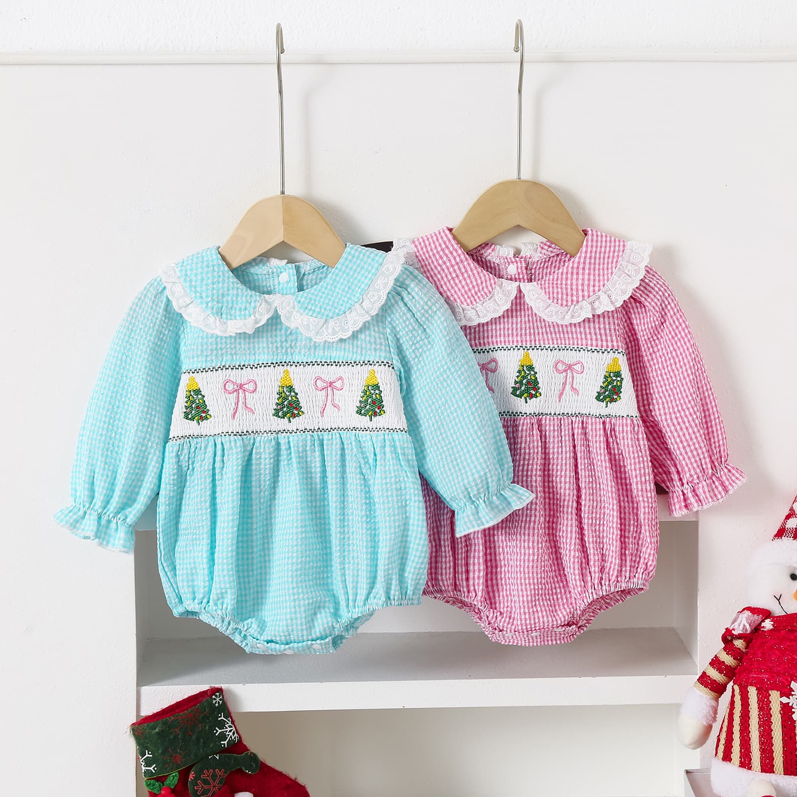 New Autumn and Winter Christmas Doll Lapel Embroidered Christmas Tree Girls Dress Puff Long Sleeve Children's Romper