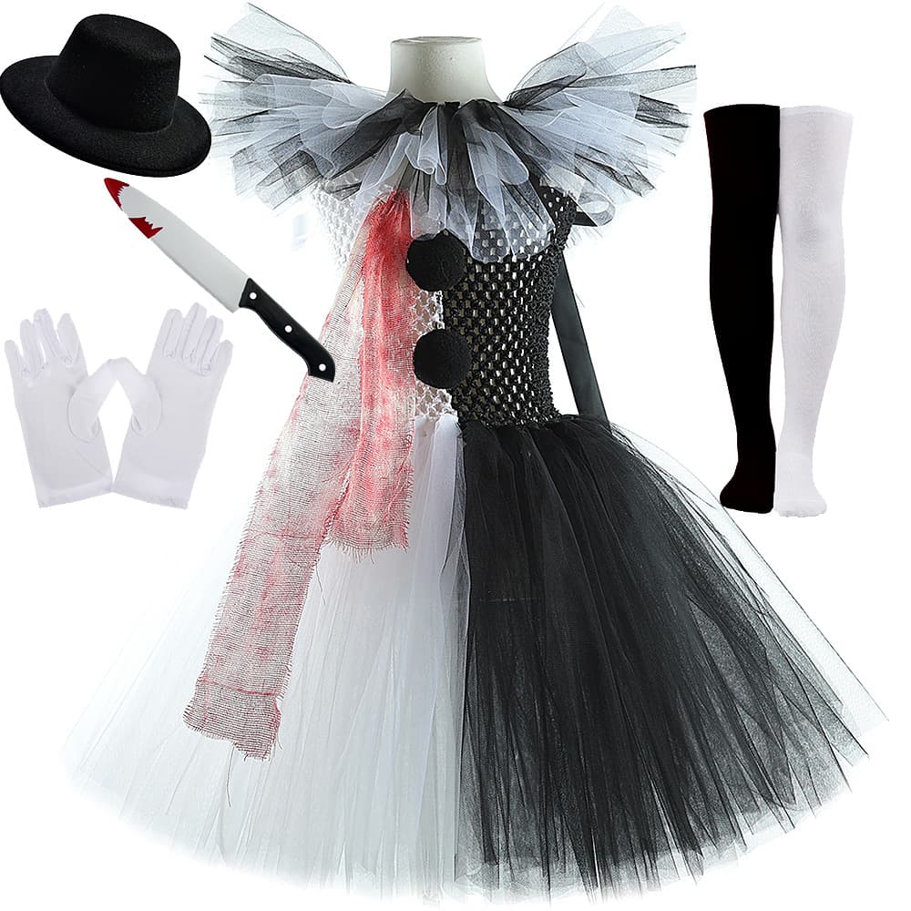 Halloween Black and White Blood Gauze Suicide Clown Children's Mesh Dress Scary Soul-Breaking Clown Costume for Girls