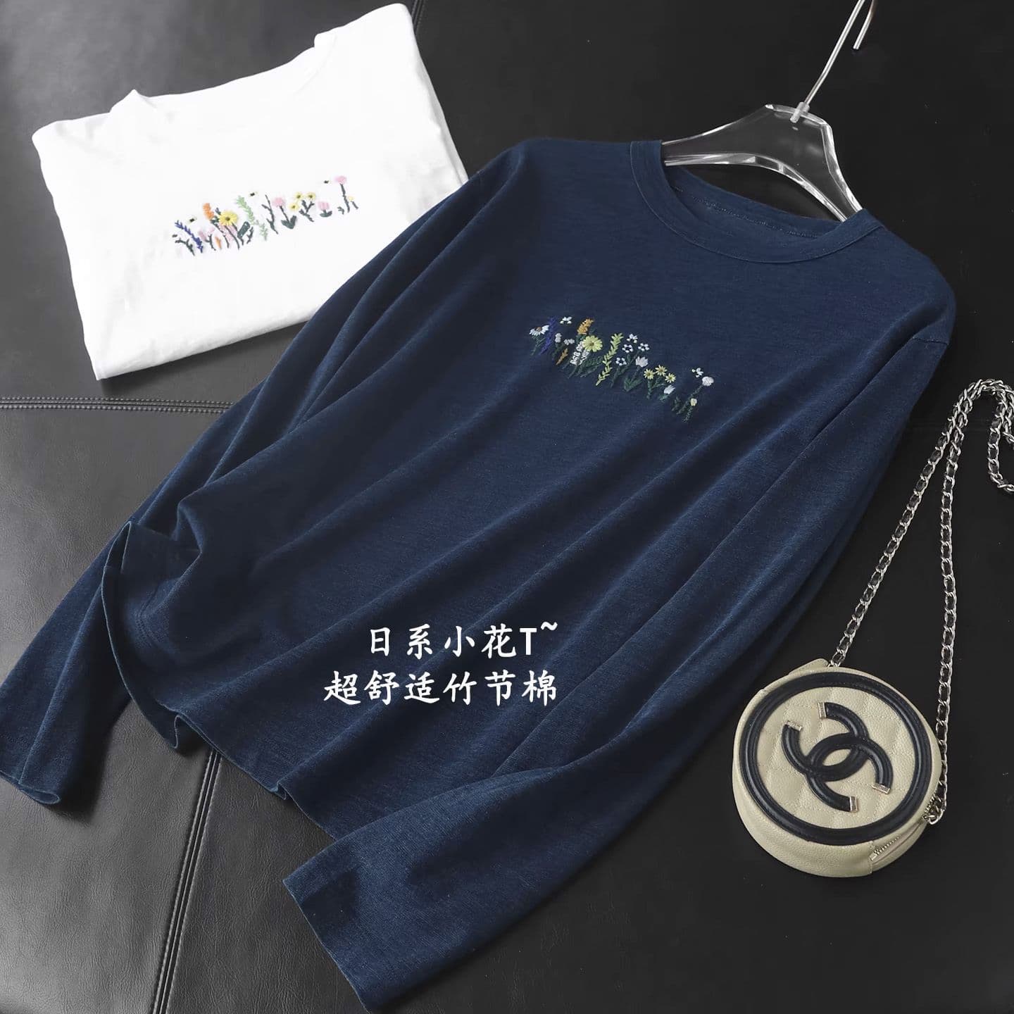Japanese Floral Embroidered Pure Cotton Slub Knit Round Neck Casual Long Sleeve T-Shirt Top for Women, Spring New Arrival