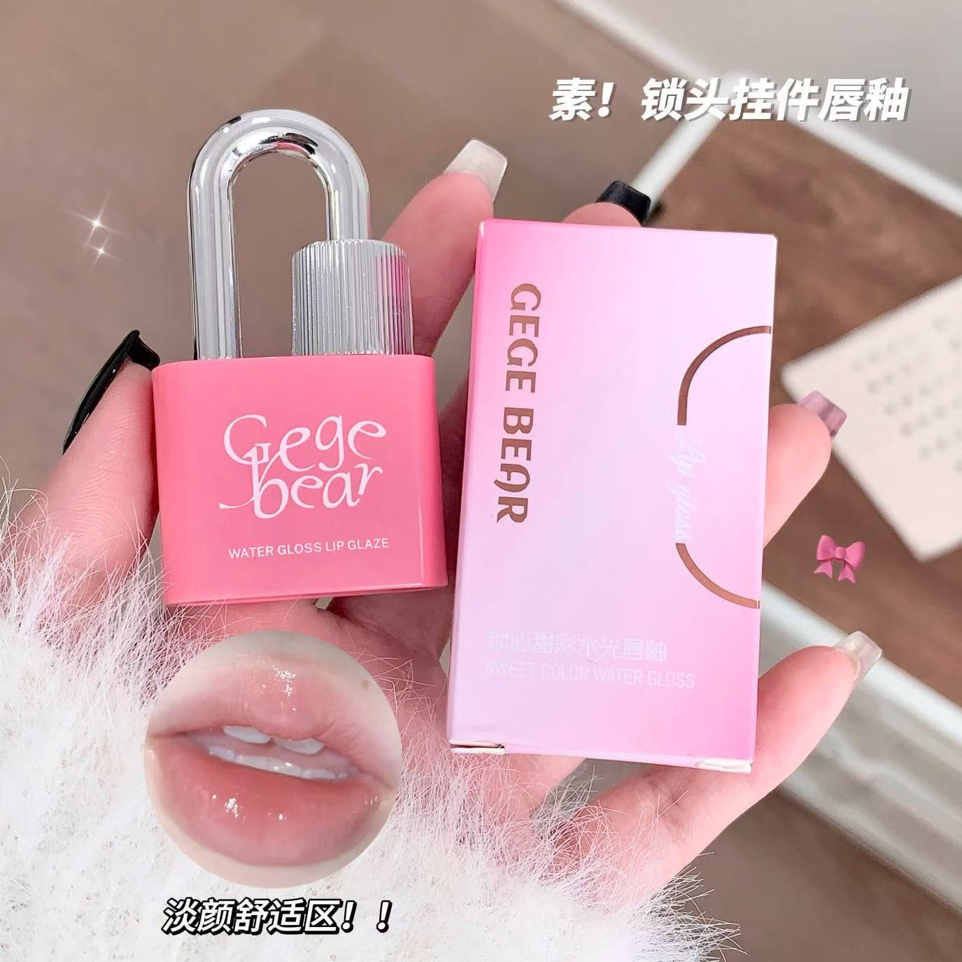 Gege Bear Lock Heart Sweet Water Gloss Lip Glaze Mirror Plump Lips Moisturizing Makeup Spring and Summer Tender Cross-Border Makeup