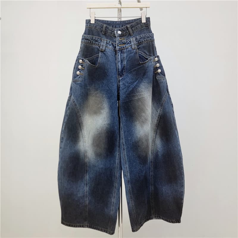 American Scimitar Jeans for Women 2026 Autumn New Loose Wide Leg Straight Tie Dye Distressed Jeans Trendy