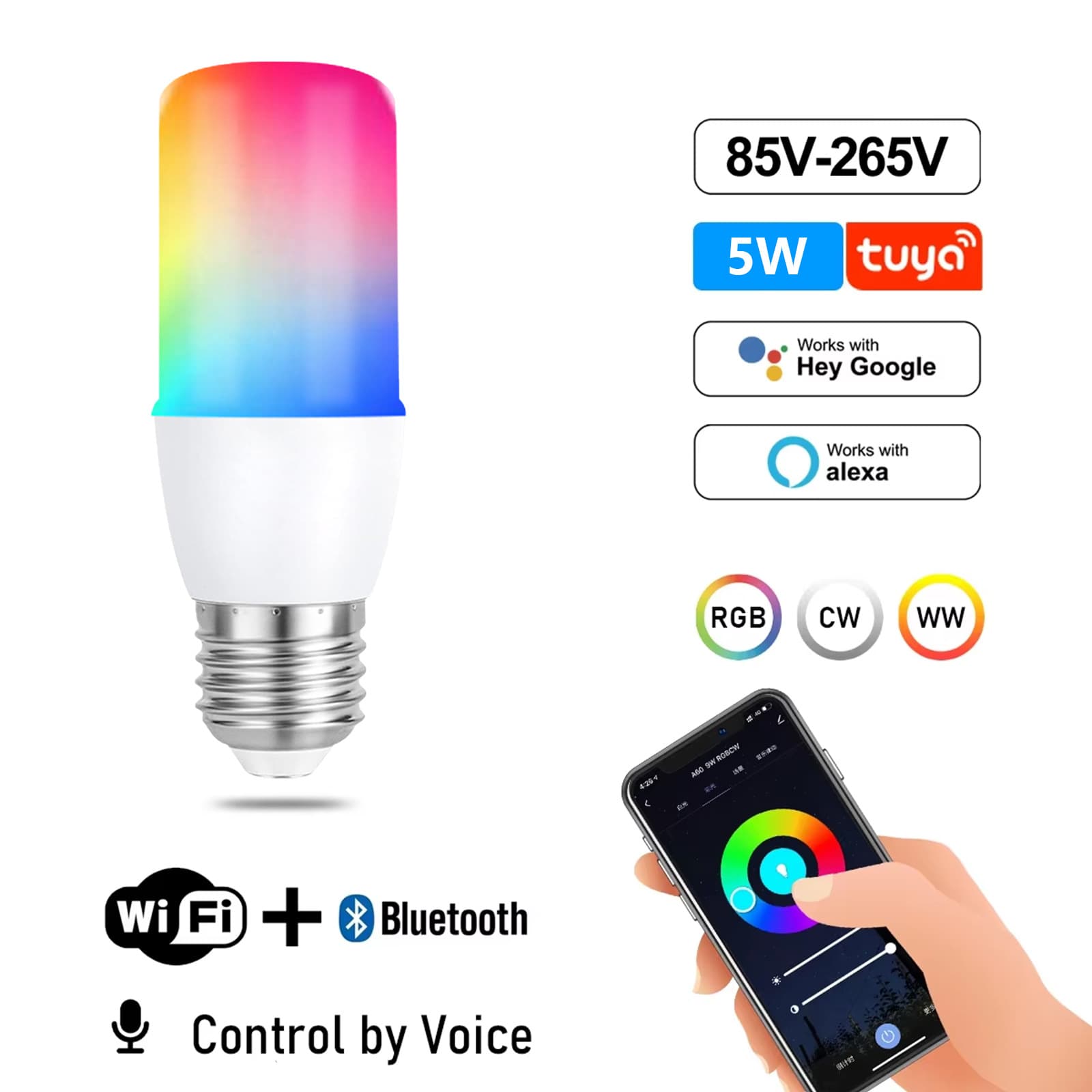 Tuya Smart Bulb Spotlight E27 Base 85-265V Globe Light RGBCW T37 WiFi Voice Control