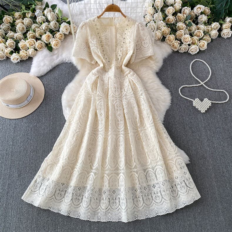 Luxury Heiress Style Heavy Embroidery Rhinestone Beaded Round Neck Dress for Women Summer Waist-Slimming Wedding Gown