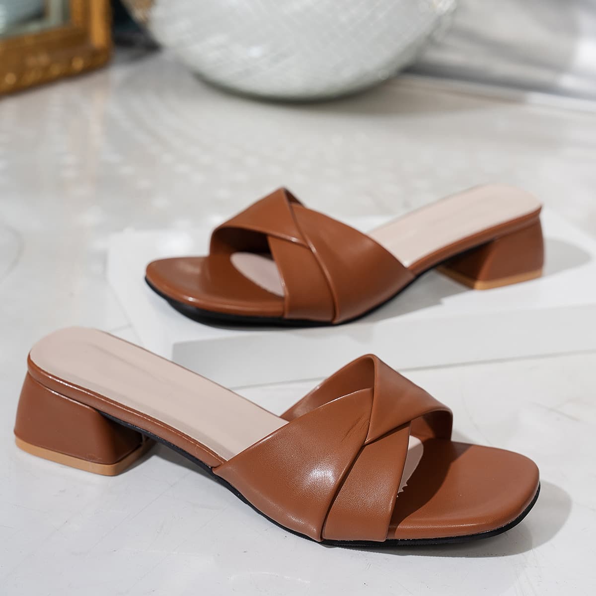 Women's Plus Size Small Block Heel Sandals 2026 Trendy Korean Style One-Strap Slippers Casual Outdoor Chic Summer Slides