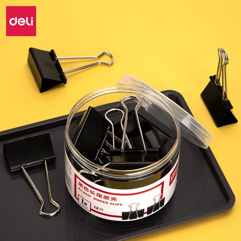 Black binder clip, metal clip for receipts and documents, stainless steel Deli brand.