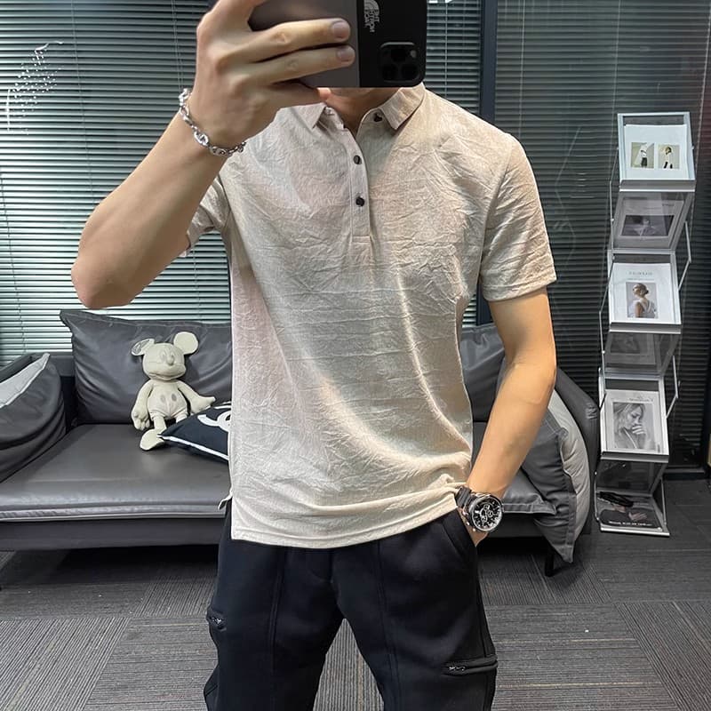 2025 summer new ice silk cotton and linen short-sleeved T-shirt men's polo shirt solid color quick-drying linen slim lapel top