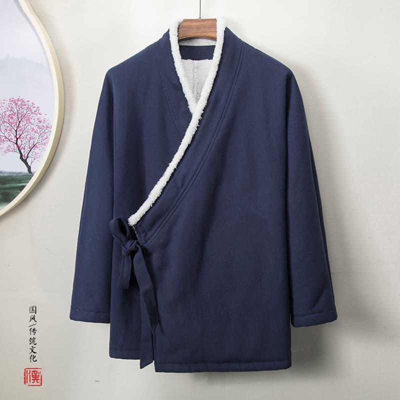 2022 Autumn/Winter New Chinese Style Men's Clothing Solid Color Cotton Linen Thickened Fleece-lined Hanfu Youth Retro Taoist Robe Jacket