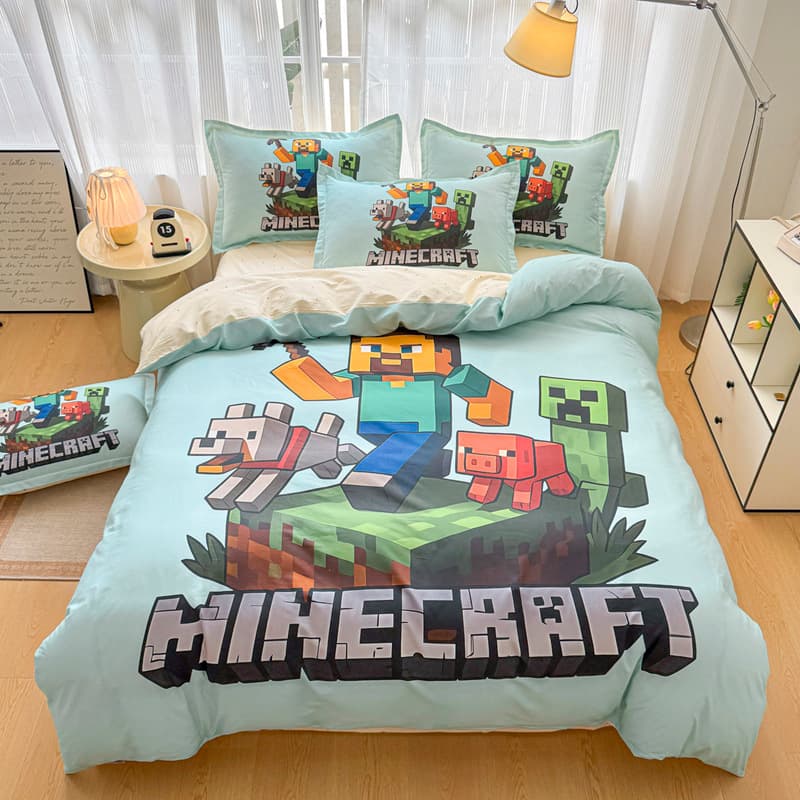 2026 New Cotton Pure Cotton Cartoon Bedding Set, Minecraft Kids Cartoon Bedding Set, Student Dormitory 3-Piece Set